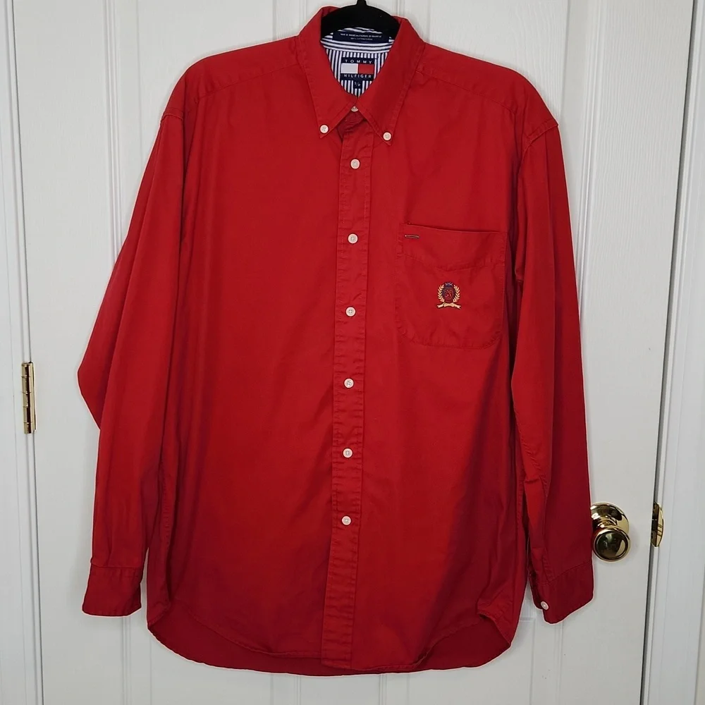 Vintage Men's Tommy Hilfiger red cotton button down shirt 100% cotton small